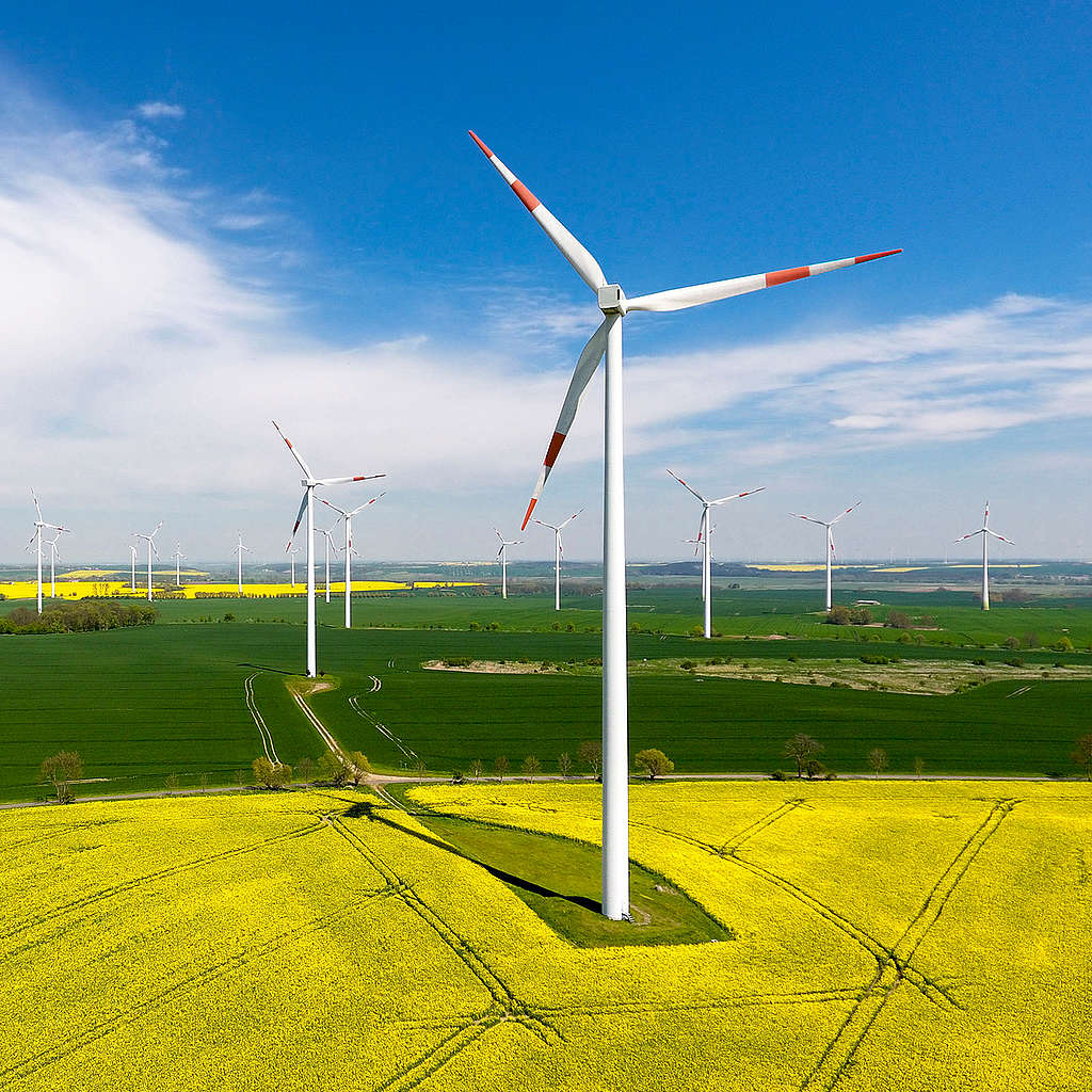Fotografía panorámica de un campo de generación de energía eólica.