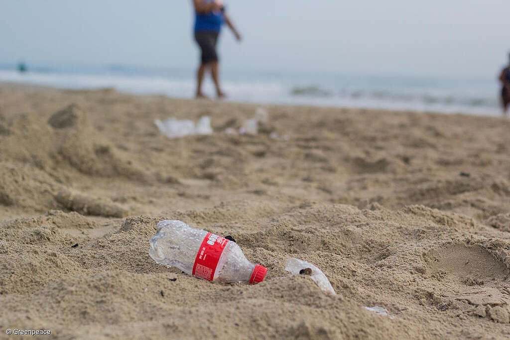 Botella plástica de Coca-Cola tirada en la arena en una playa en México. Botella plástica de Coca-Cola tirada en la arena en una playa en México.