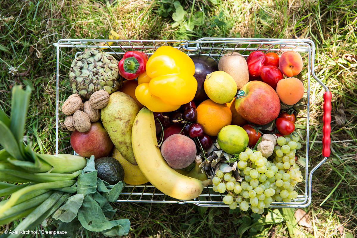 Cesta de compras repleta de frutas y verduras.