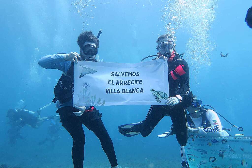 Activistas usando trajes de buceo sostienen una manta en la que se lee "Salvemos el arrecife Villa Blanca" Activistas usando trajes de buceo sostienen una manta en la que se lee "Salvemos el arrecife Villa Blanca"