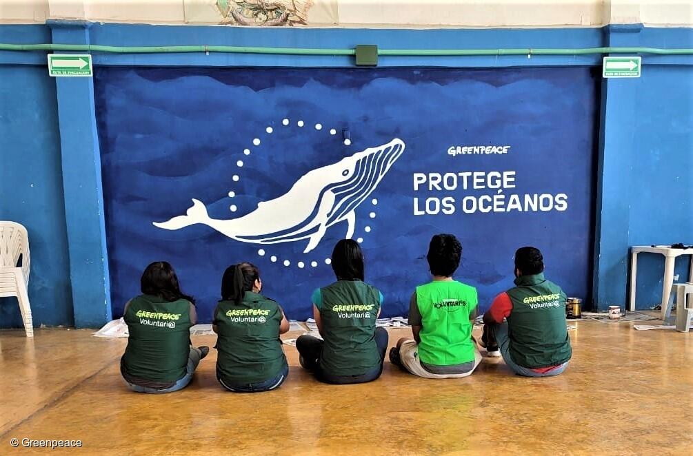 Fotografía de un mural "Protege los océanos" donde se encuentran 5 activistas de Greenpeace México sentados mientras lo observan. Fotografía de un mural "Protege los océanos" donde se encuentran 5 activistas de Greenpeace México sentados mientras lo observan.