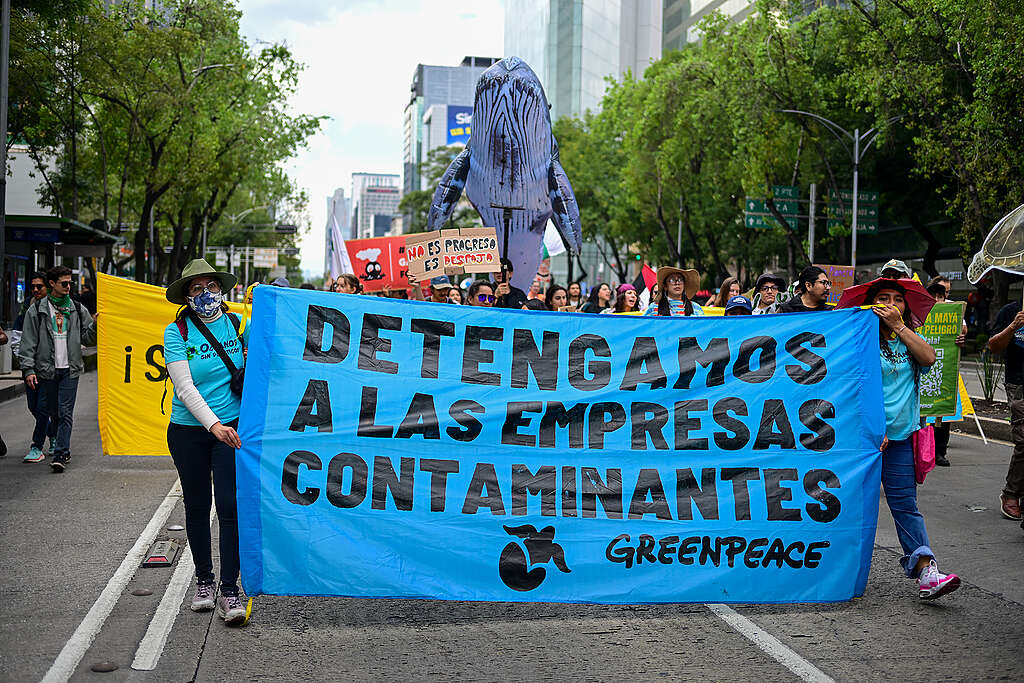 Marcha por el clima, la vida y el futuro. Con cartel que dice: Detengamos a las empresas contaminantes, sostenida por voluntarios de Greenpeace México