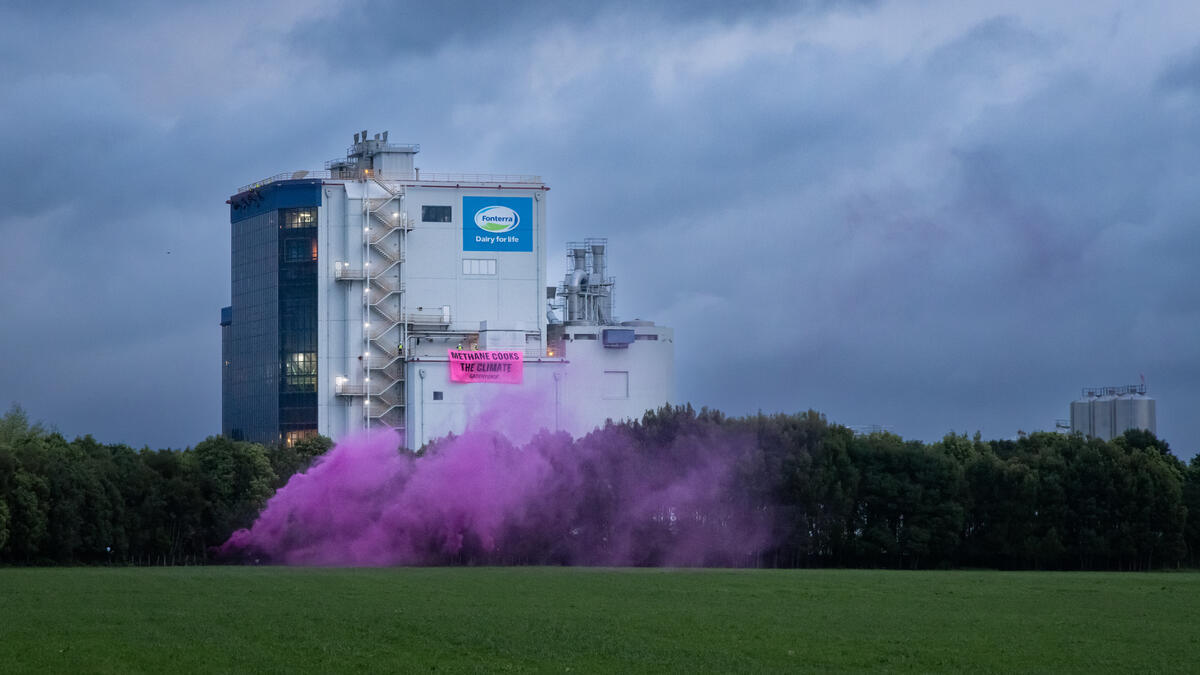 Methane Cooks the Climate - Action at Fonterra in Te Rapa, New Zealand. © Bryce Groves / Greenpeace
