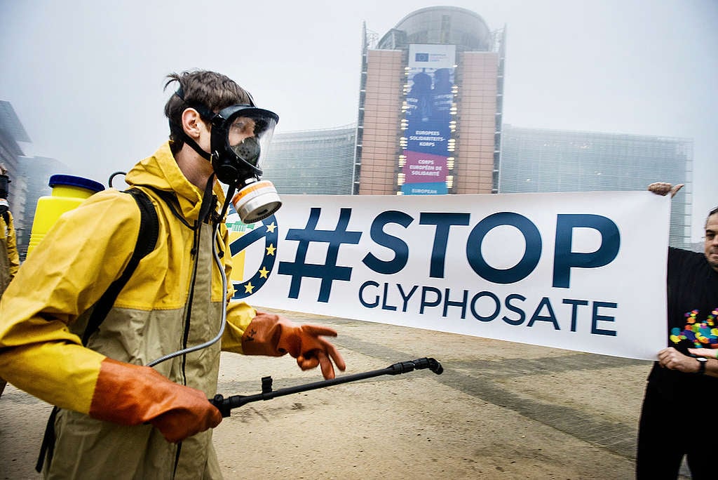 En 2017, se llevó a cabo una acción conjunta en Europa (Bruselas, Madrid, Roma, Berlín y París), organizada por Greenpeace y miembros de otras ONGs para impulsar una Iniciativa Ciudadana Europea que regule los pesticidas y prohíba el glifosato. © Greenpeace / Eric De Mildt.