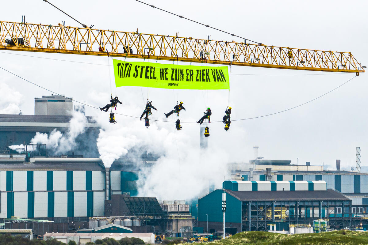 Environmental activists protest at Dutch Tata Steel plant