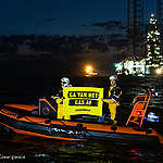 Greenpeace activists hold a banner that reads "GA VAN HET GAS AF" (GET OFF THE GAS) in a protested against the installation of a gas drilling platform about 35 kilometers northwest of the East Frisian island of Borkum in the night from Monday to Tuesday. While on rhibs (rigid-hulled inflatable boat), the activists painted the demand "NO NEW GAS" on the wall of the jackup rig Valaris 123. The Dutch government granted the energy company ONE-Dyas permission to drill in the "N04-A" natural gas field in may, which is located on the German-Dutch border. In April, a Dutch court temporarily halted planned test drilling in the "N05-A" field, which is only about 12 kilometers further south, until a decision is reached on a complaint filed by several environmental organizations. On the German side, a permit procedure is still underway. Greenpeace commissioned research divers discovered previously unknown rocky reefs with unusual biodiversity in the N05-A field as recently as April and are calling for their protection.