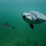 A harbor porpoise [Phocoena phocoena] swims in the Baltic Sea in a harbor basin at the Fjord&Bælt research facility. Harbor porpoises are the only resident whales in the Baltic Sea and resemble dolphins, but they are smaller and more compact and have a rounded, short snout. The subpopulation of the Central Baltic Sea is considered to be critically endangered.
Ein Schweinswal [Phocoena phocoena] schwimmt in der Ostsee in einem Hafenbecken der Forschungseinrichtung Fjord&Bælt. Schweinswale sind die einzigen in der Ostsee ansässigen Wale und ähneln äußerlich Delfinen, sie sind aber kleiner und gedrungener und haben eine abgerundete, kurze Schnauze. Die Subpopulation der Zentralen Ostsee gilt als vom Aussterben bedroht.