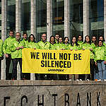 Volunteers and Staff from Greenpeace Netherlands and Greenpeace International stand in solidarity during the ongoing SLAPP trial in North Dakota, USA, where Greenpeace in the USA and Greenpeace International are being sued by Energy Transfer for nearly $300 million in what is widely considered to be a ‘Strategic Lawsuit Against Public Participation’ (SLAPP), intended to stifle free speech.

The lawsuit against Greenpeace is related to the Indigenous-led protests against the Dakota Access Pipeline at Standing Rock in 2016. A defeat in court would threaten Greenpeace USA’s existence and have far-reaching implications for the environmental and climate justice movement around the world.
