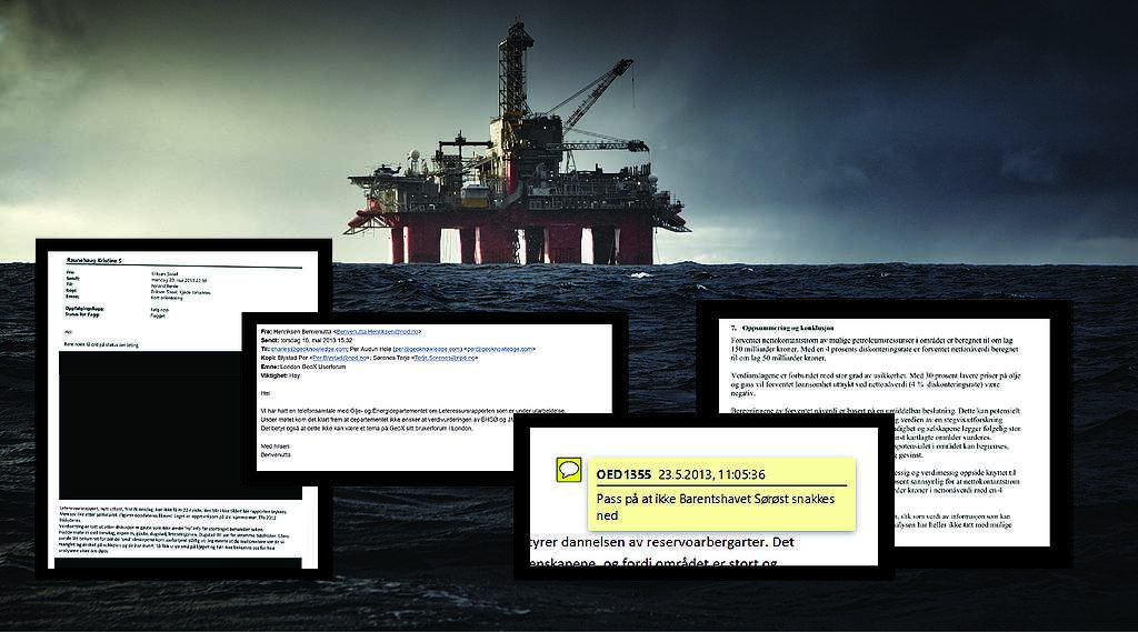 A collage showing a dim oil rig with facsimiles about the secret oil notes underneath it.