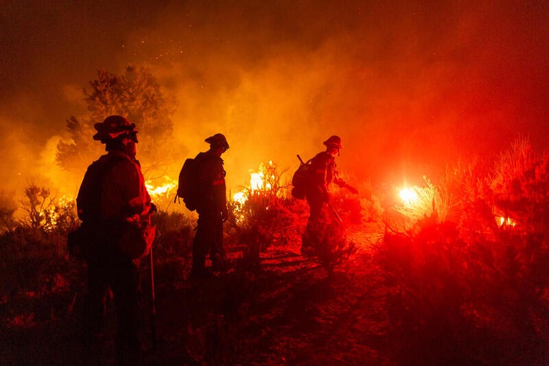 Brannmannskap kjemper mot en skogbrann ved Wrightwood i California i 2020.
