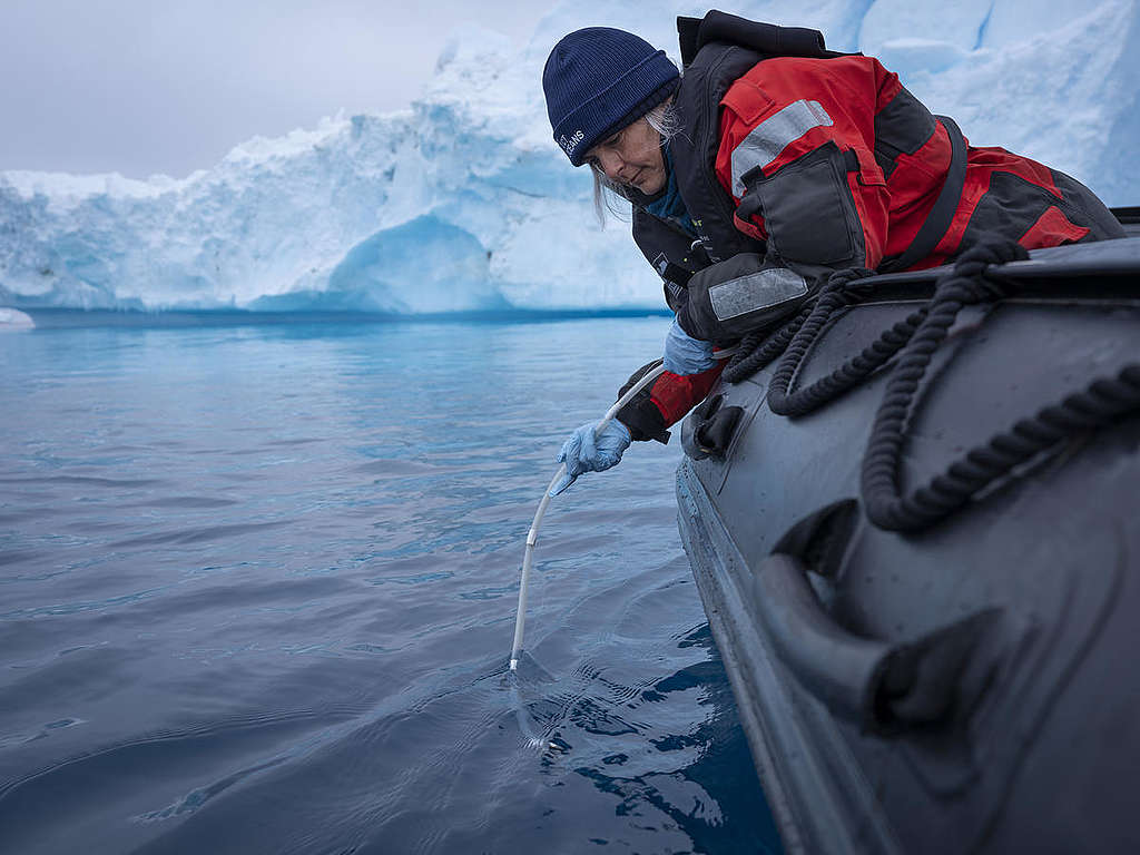 Dr. Kirsten Thompson, ledende forsker på Greenpeace-skipet Arctic Sunrise, tar vannprøver for eDNA-analyse nær Paulet-øya ved inngangen til Weddellhavet i Antarktis. 