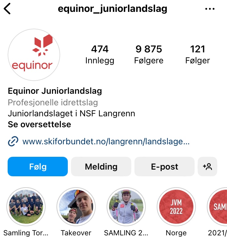 Skjermdump fra Equinor Juniorlandslags Instagram-profil
