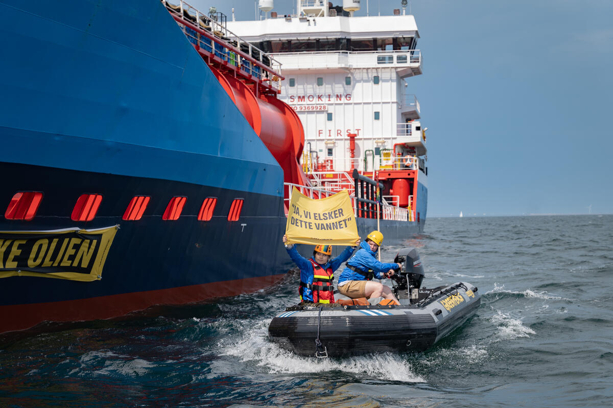 Toxic Waste Water Tanker Blocked in Protest in Danish Waters. © Greenpeace / Jason White