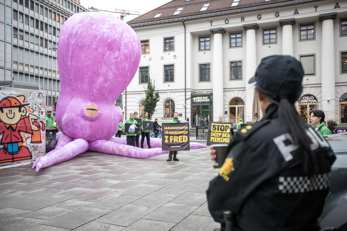 Activists Confront Prime Minister with Giant Octopus in Norway. © Greenpeace / Will Rose