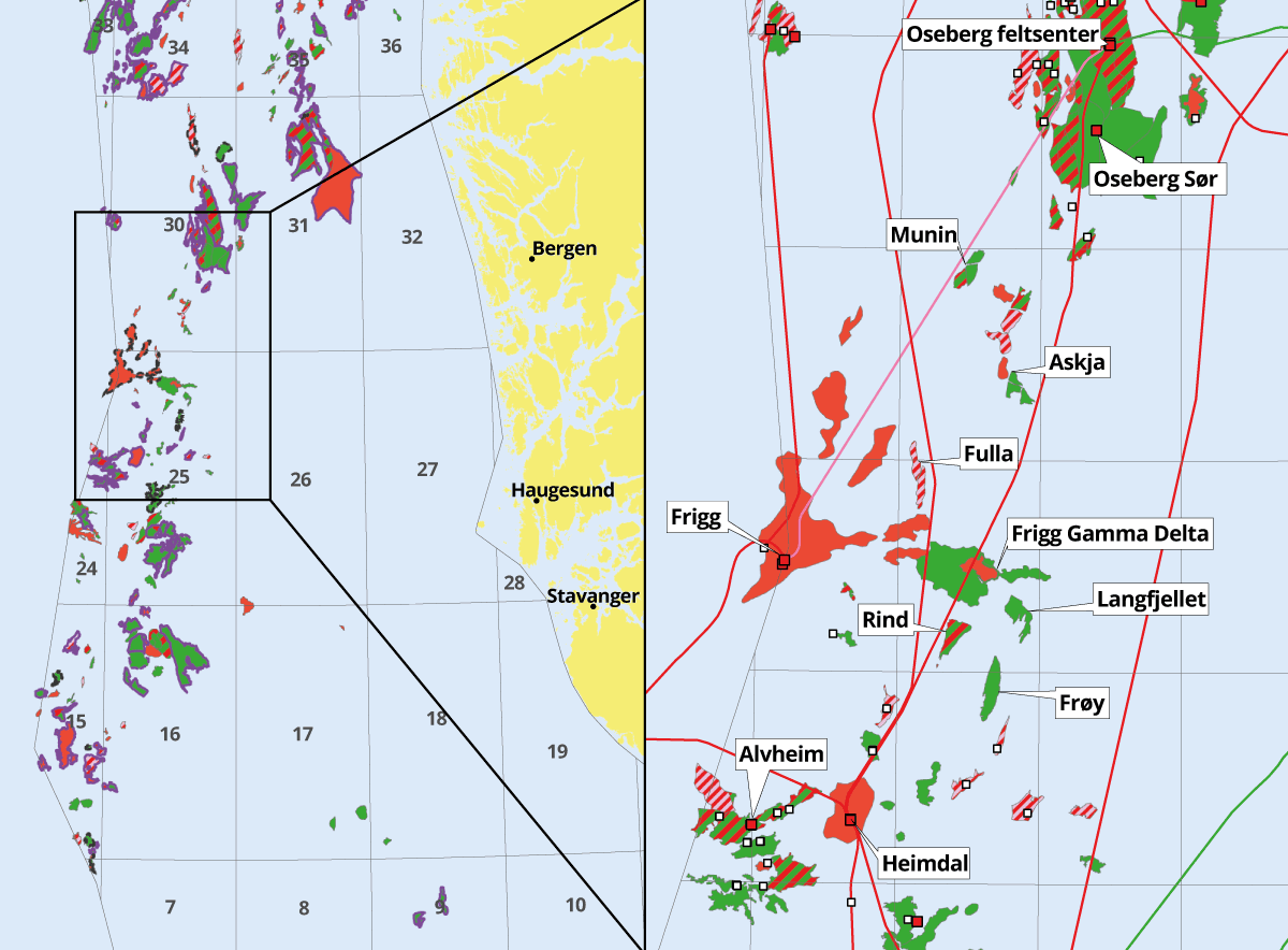 Kart som viser Aker BPs felt Yggdrasil og andre oljefelt i Nordsjøen