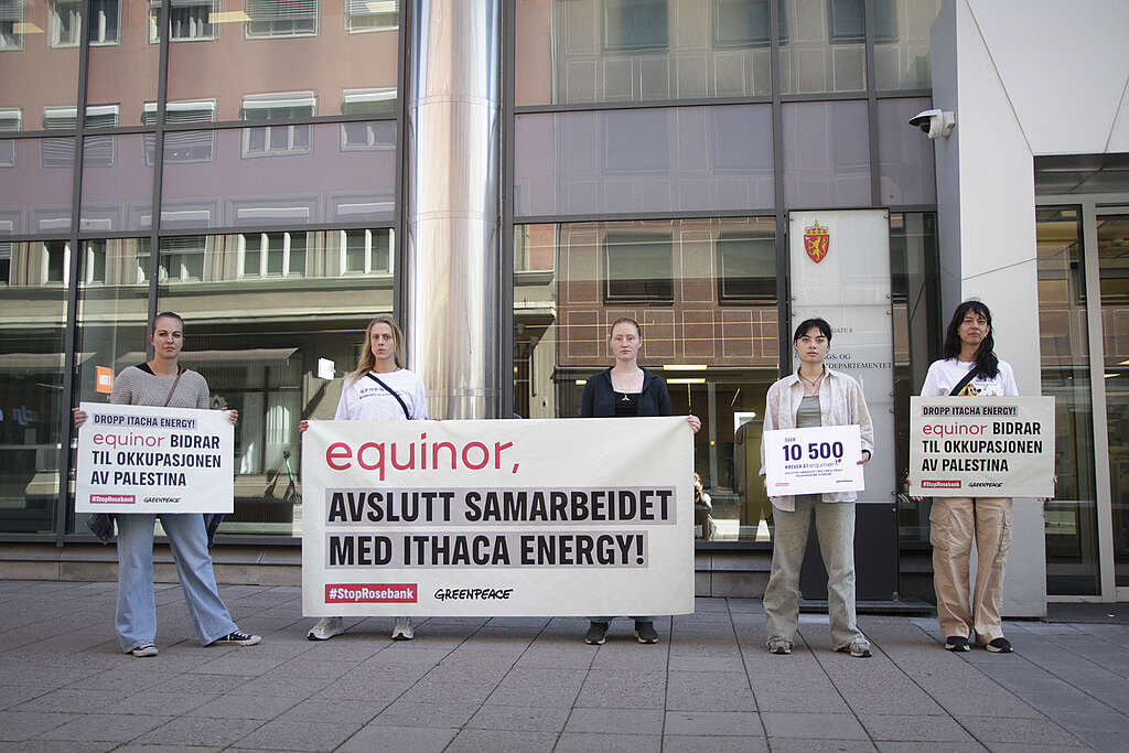 Greenpeace-aktivistene stilte opp med bannere under overrekkelsen av underskriftskampanjen. Foto: Jenny Marie Baksaas / Greenpeace