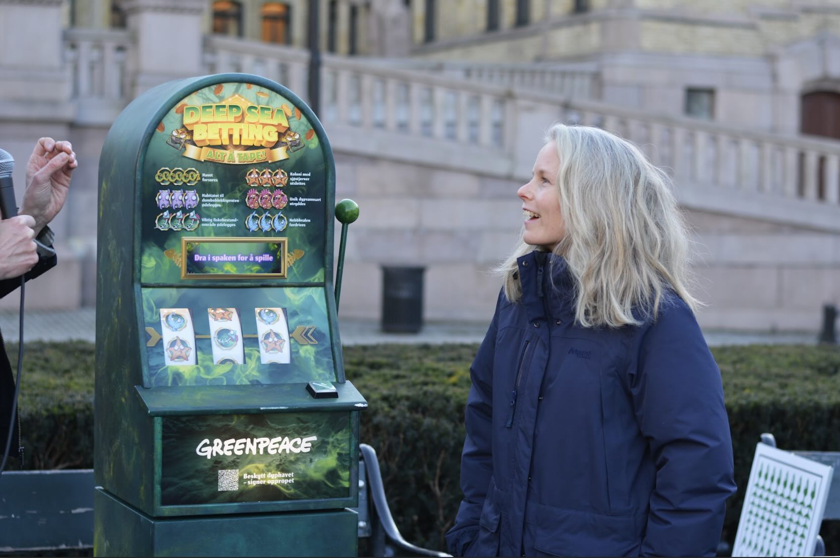 Kirsti Bergstø, leader of the Socialist Left party at a protest against deep sea mining outside Norwegian Parliament