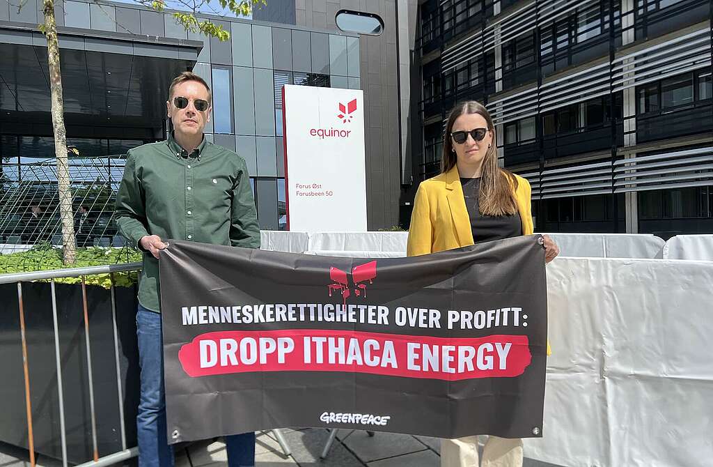 Frode Pleym, leder i Greenpeace og Bergdis Joelsdottir, politisk rådgiver i Amnesty, under Equinors generalforsamling 2025 i Stavanger. Frode Pleym, leder i Greenpeace og Bergdis Joelsdottir, politisk rådgiver i Amnesty, under Equinors generalforsamling 2025 i Stavanger.