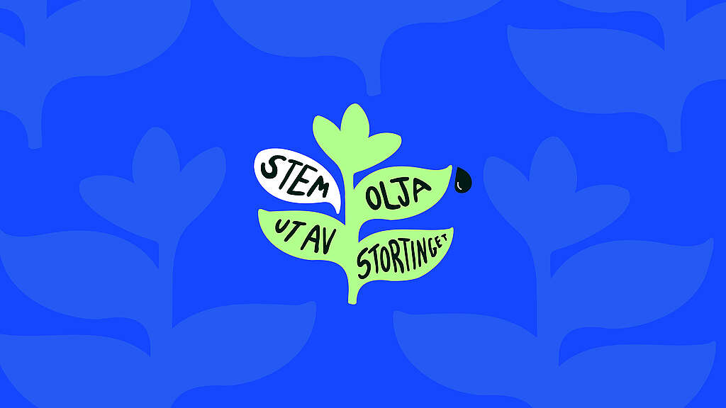 Illustration of a green plant, that says "Stem olja ut av stortinget" or "Vote oil out of parliament", where the "Stem"/"Vote" part is in a white speech bubble, and the other words are in the leaves of the plant. There is an oil drop dripping off one of the leaves. The plant is vibrant green, on a clear blue background. There are lighter blue plant patterns in the background. Illustration of a green plant, that says "Stem olja ut av stortinget" or "Vote oil out of parliament", where the "Stem"/"Vote" part is in a white speech bubble, and the other words are in the leaves of the plant. There is an oil drop dripping off one of the leaves. The plant is vibrant green, on a clear blue background. There are lighter blue plant patterns in the background.