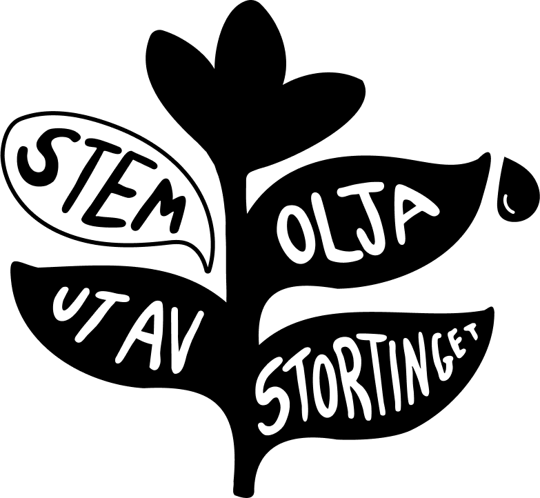 Illustration of a black plant, that says "Stem olja ut av stortinget" or "Vote oil out of parliament", where the "Stem"/"Vote" part is in a white speech bubble, and the other words are in the leaves of the plant. There is an oil drop dripping off one of the leaves. Illustration of a black plant, that says "Stem olja ut av stortinget" or "Vote oil out of parliament", where the "Stem"/"Vote" part is in a white speech bubble, and the other words are in the leaves of the plant. There is an oil drop dripping off one of the leaves.