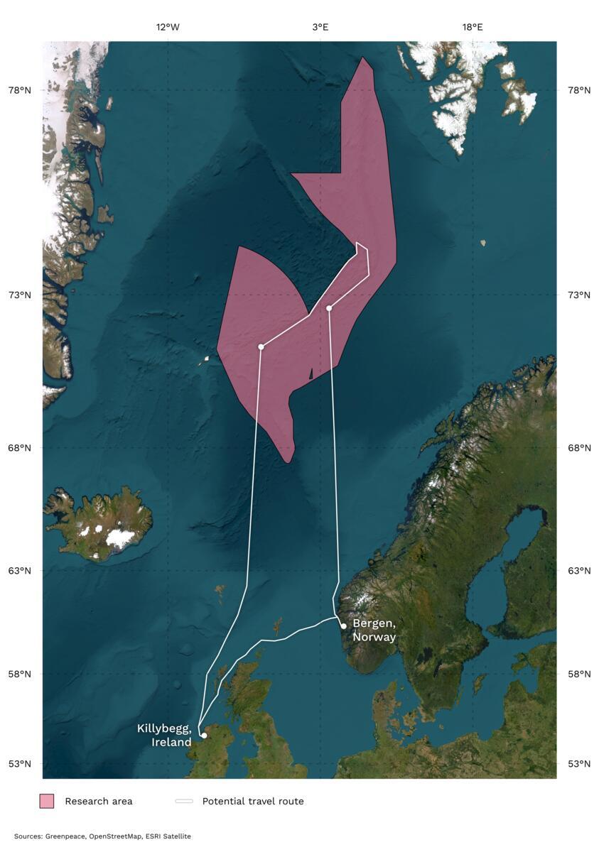 Kart over omr&aring;det i Arktis som Greenpeace og forskerne skal utforske under ekspedisjonen i mai og juni 2026.