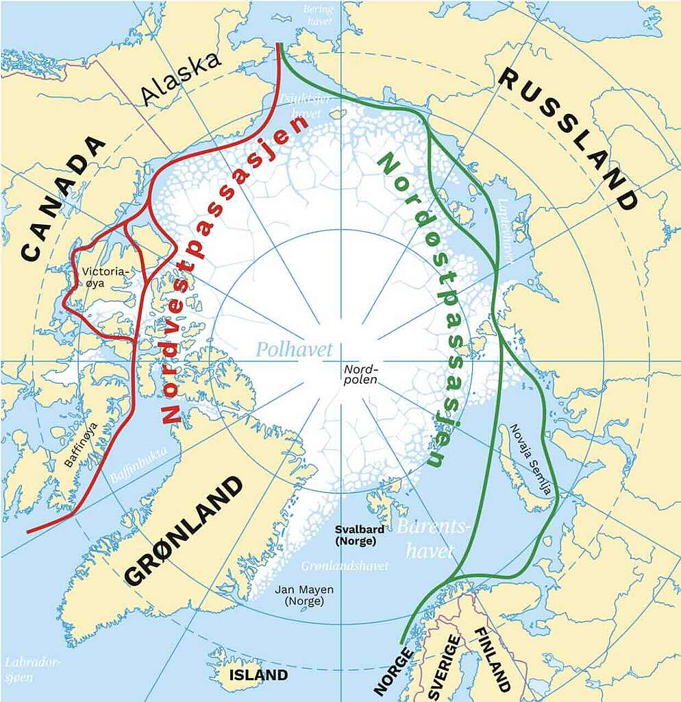 Kart over Arktis og seilingsrutene gjennom Nordvest- og Nordøstpassasjen.