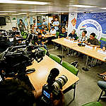 Press Conference on Board the Rainbow Warrior. © Noel Guevara / Greenpeace