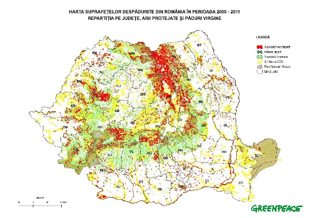 Harta suprafețelor despădurite din România -repartiția pe județe, arii protejate și  păduri virgine