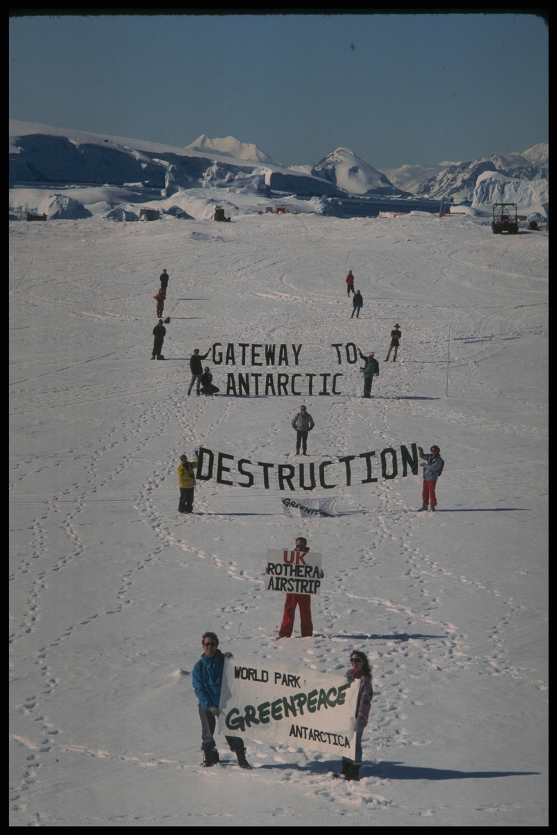 Airstrip protest. UK base Rothera. © Greenpeace / Robin Culley