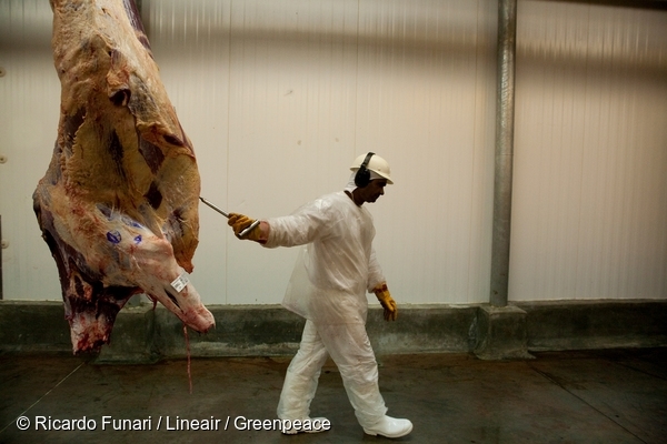 A worker handles butchered livestock in a slaughterhouse facility in Brazil. 1 Apr, 2009 © Ricardo Funari / Lineair / Greenpeace