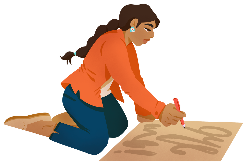 Illustration of woman kneeling on the ground making a protest poster
