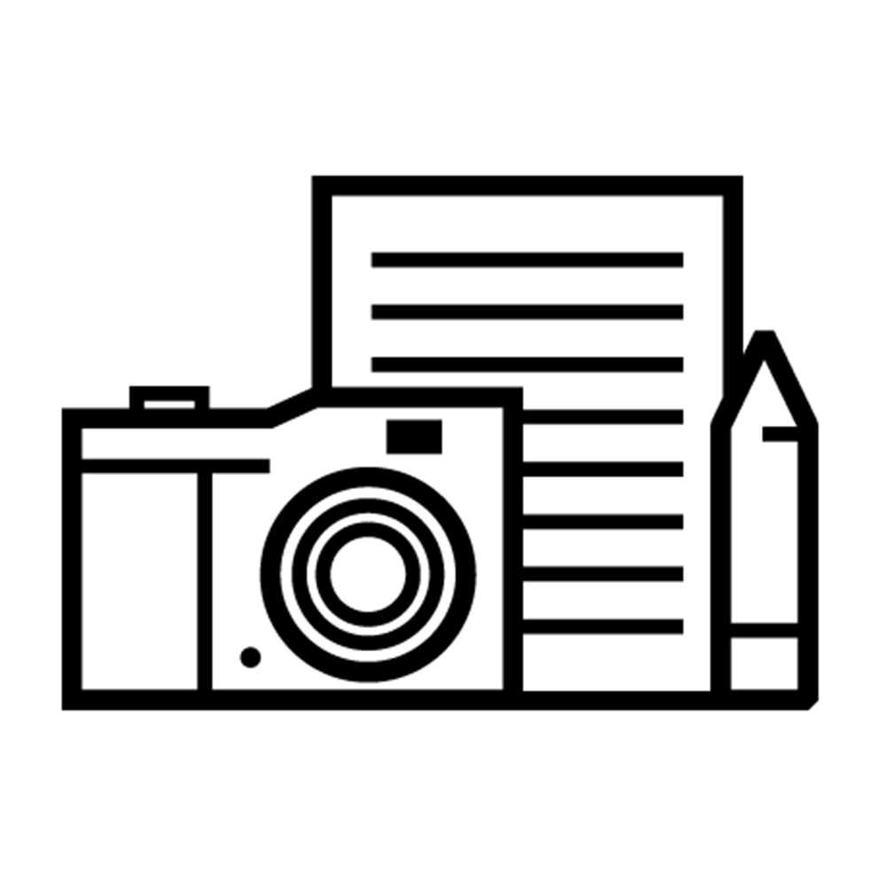 B&W Icon of Camera, Paper with writing, and Pencil