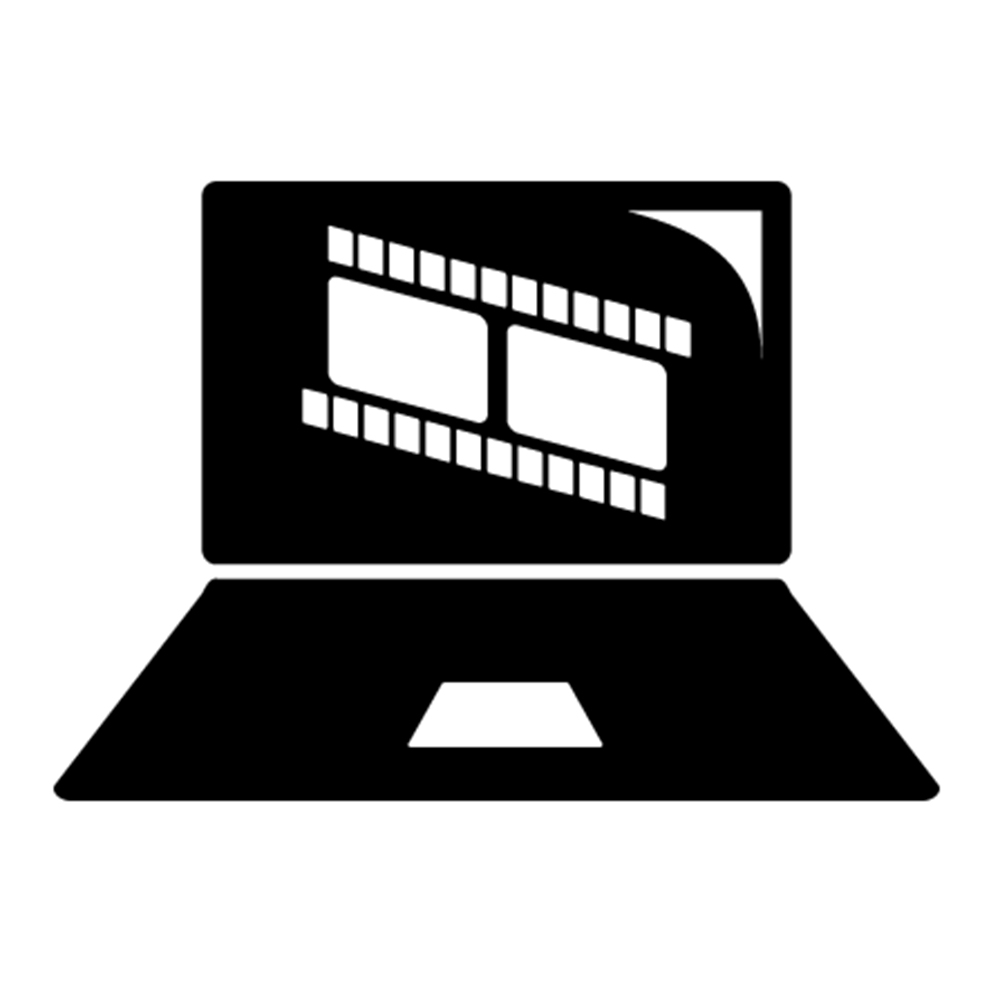 B&W Icon of open laptop with film strip on the screen