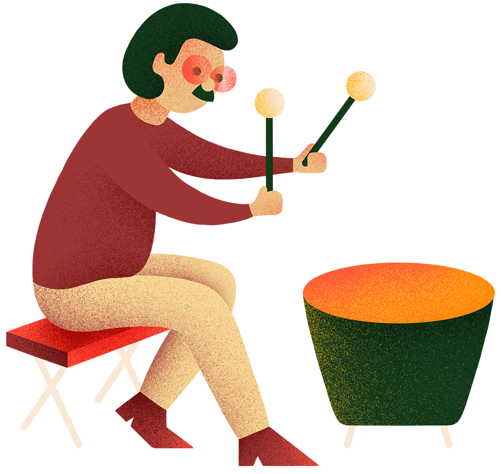 Illustration of a man wearing light pants and a red top sitting on a stool playing a drum Illustration of a man wearing light pants and a red top sitting on a stool playing a drum