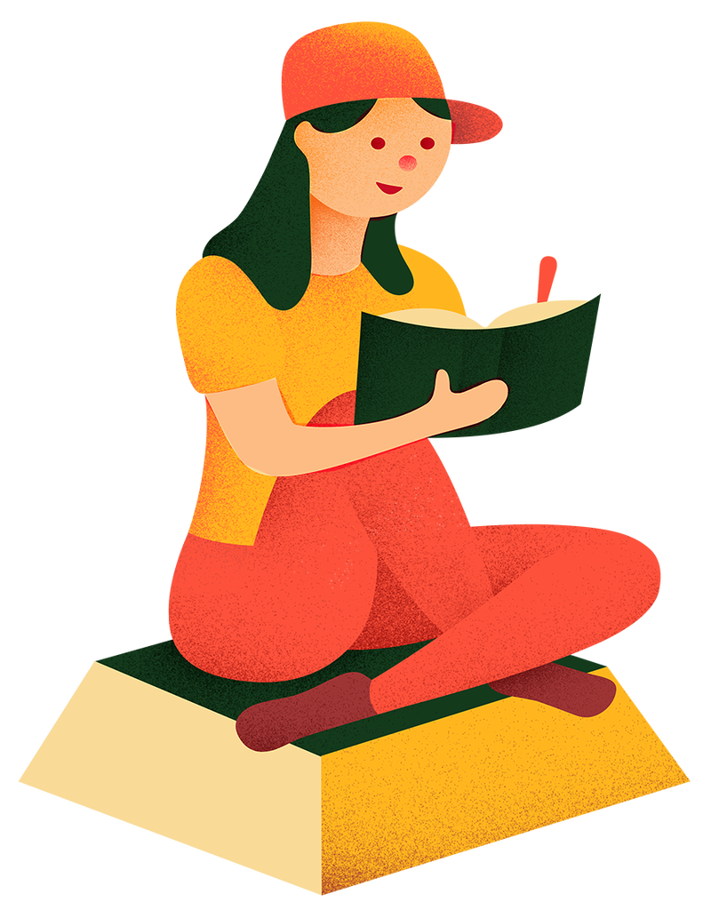 Illustration of a girl sitting on a rock wearing a baseball cap, orange shirt and coral pants holding a book and writing in it