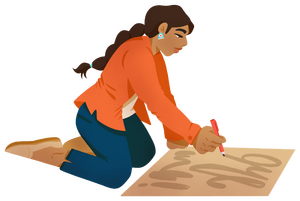 Illustration of woman kneeling on the ground making a protest poster