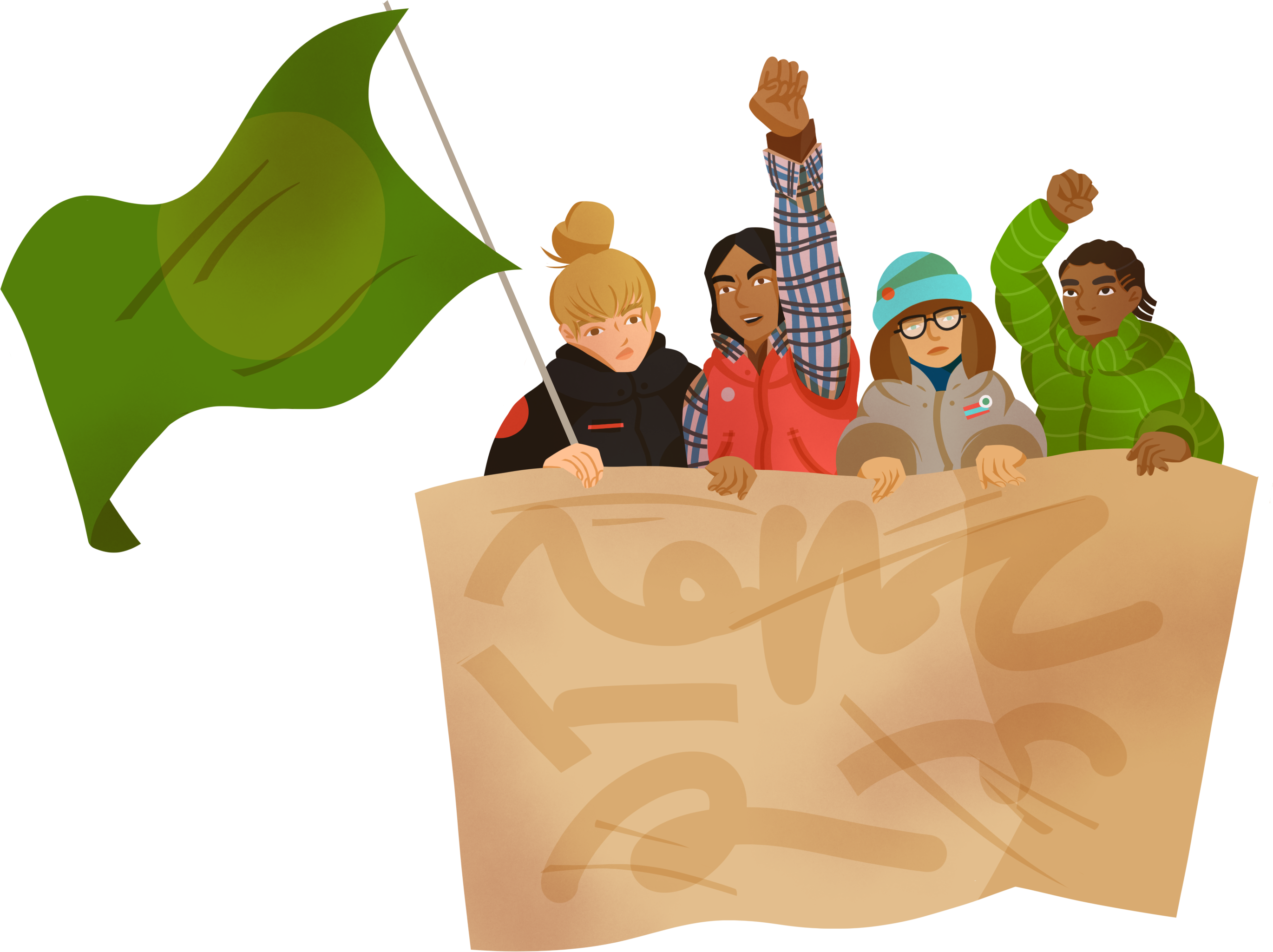 Illustration of 4 People behind a big protest banner and holding up a flag.