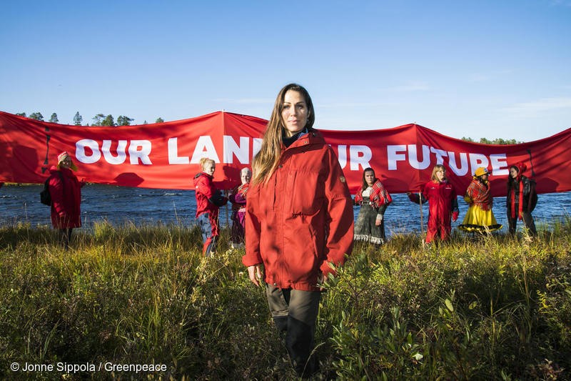 5.9.2018 in Lapland, Inari Greenpeace and Sami people are doing the Red Line demostration next to the rapid Jäniskoski. #redline #noaccesswithoutconsent #greatnorthnernforest