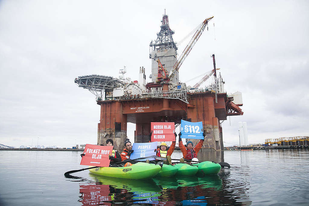 Protest in Norway on Oil Rig Bound for Arctic Drilling. © Jonne Sippola / Greenpeace Protest in Norway on Oil Rig Bound for Arctic Drilling. © Jonne Sippola / Greenpeace