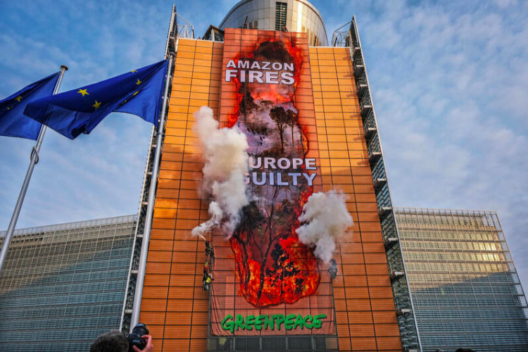 Greenpeace protesterar utanför EU:s högkvarter mot den globala skogsskövlingen med en jättebanner som visar texten Amazon fires Europe guilty.