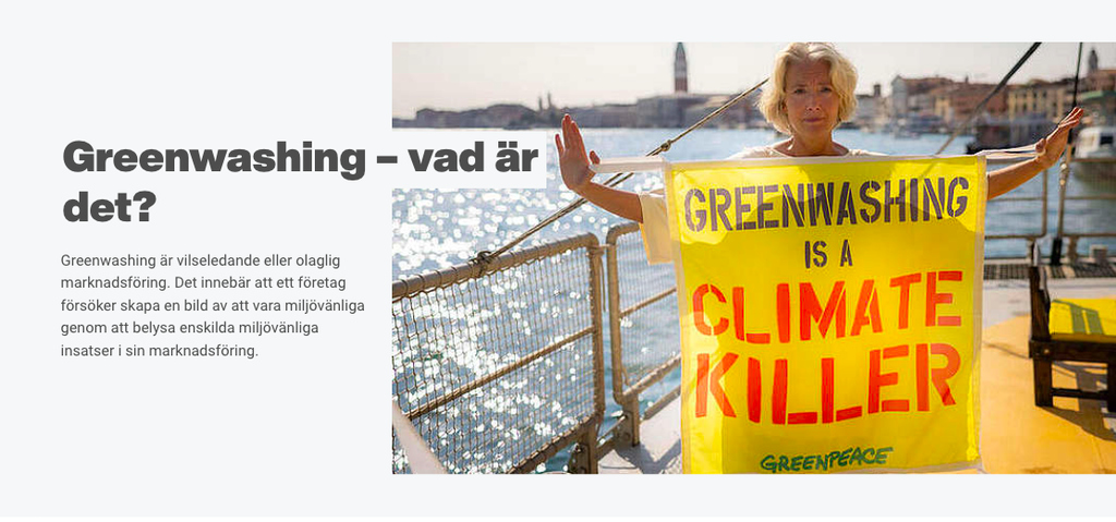 Greenwashing, vad är det? Till höger syns Emma Thompson under en aktion mot greenwashing med Greenpeace