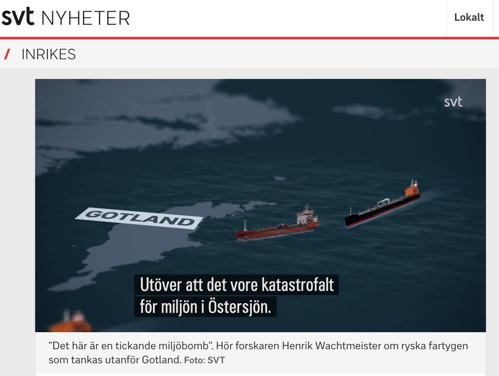 Skärmdump från svt's artikel publicerad 9 april: Animerad kartbild som visar hur oljetankern Zircone ligger utanför gotlands kust och i månader försett ryska tankskepp med bränsle.