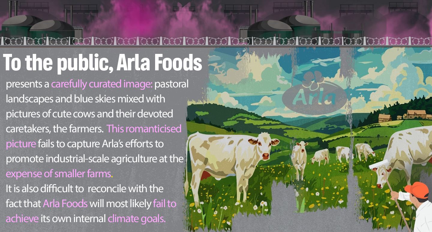 To the public, Arla foods presents a carefully curated image: pastoral landscapes and blue skies mixed with pictures of cute cows and their devoted caretakers, the farmers.  This romanticised picture fails to capture Arla’s efforts to promote industrial-scale agriculture at the expense of smaller farms. 
It is also difficult to  reconcile with the fact that Arla Foods will most likely fail to achieve its own internal climate goals.