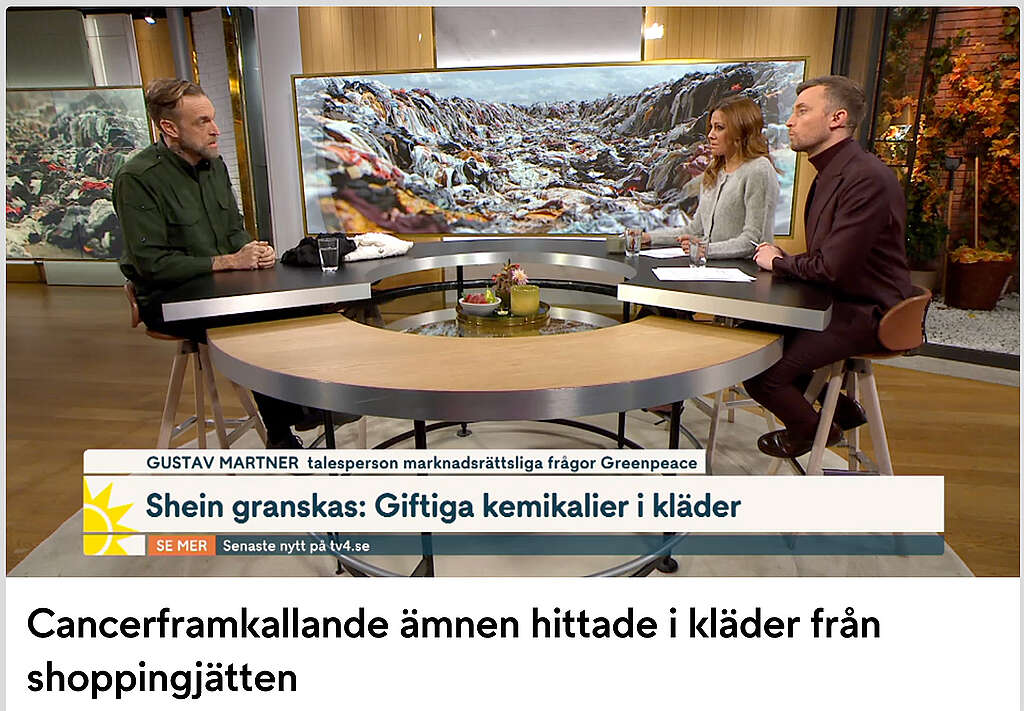 gustav martner från greenpeace deltar i nyhetsmorgon för att berätta om upptäckten av farliga kemikalier i kläder från shein