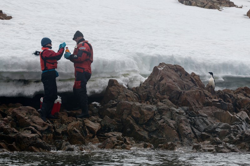 Sandra Schoettner (marine biologist and oceans campaigner with Greenpeace Germany) and Jono Emms doing water sampling on Joinville Island in the Antarctic Sound to investigate the presence of persistent organic pollutants like PFCs (per- and polyfluorinated chemicals) in the Antarctic environment. PFCs are widely used in industrial processes and products. The outdoor industry applies them for waterproof gear like jackets and shoes. Greenpeace has already performed this kind of sampling in other remote and seemingly pristine places in China, Russia, Turkey, Scandinavia, the Alps, and Patagonia.