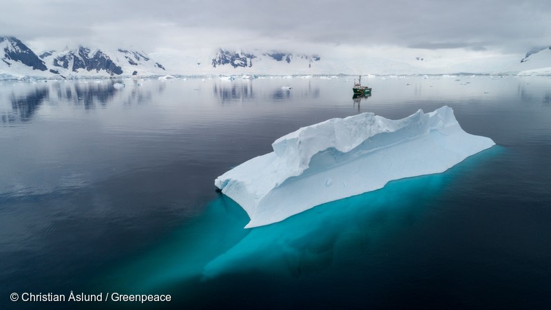 Greenpeace ship the Arctic Sunrise in Charlotte Bay, Antarctic Peninsula. Greenpeace is on a three-month expedition to the Antarctic to carry out scientific research, including seafloor submarine dives and sampling for plastic pollution, to highlight the urgent need for the creation of a 1.8 million square kilometre Antarctic Ocean Sanctuary to safeguard species like whales and penguins.