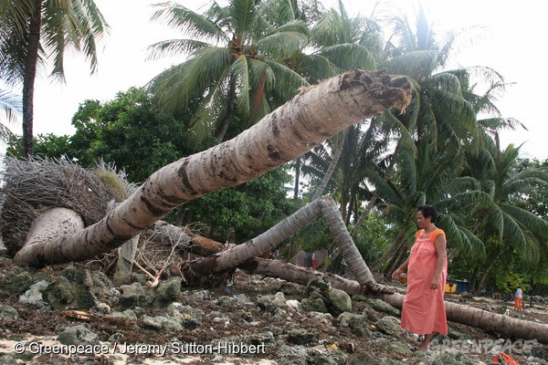 Beiataake Orea, a school teacher, stands on the beach at Tenoraereke village, examines an old sea wall and fallen coconut trees destroyed by the sea, expressing her worry about the future of her island of Kiribati in the Pacific Ocean. The islands, and their way of life, are endangered by rising sea water levels which are eroding the fragile atoll, home to approximately 92,000 people.