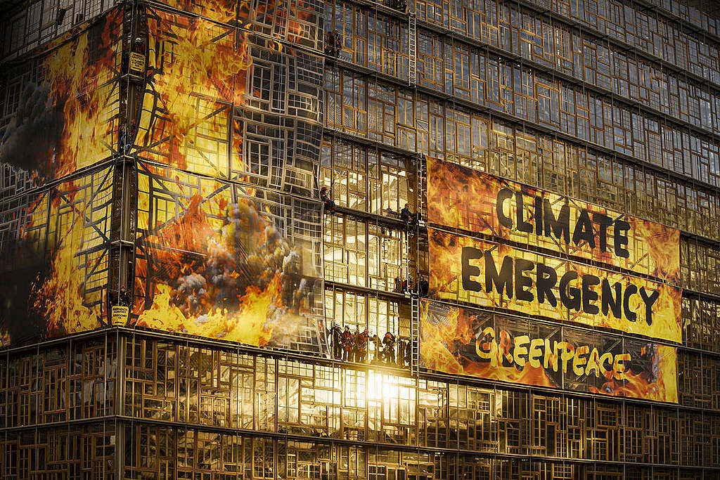 12月12日，綠色和平行動者在比利時布魯塞爾召開的歐洲峰會會場懸掛大型橫額，向與會領袖敲響氣候危機警鐘。