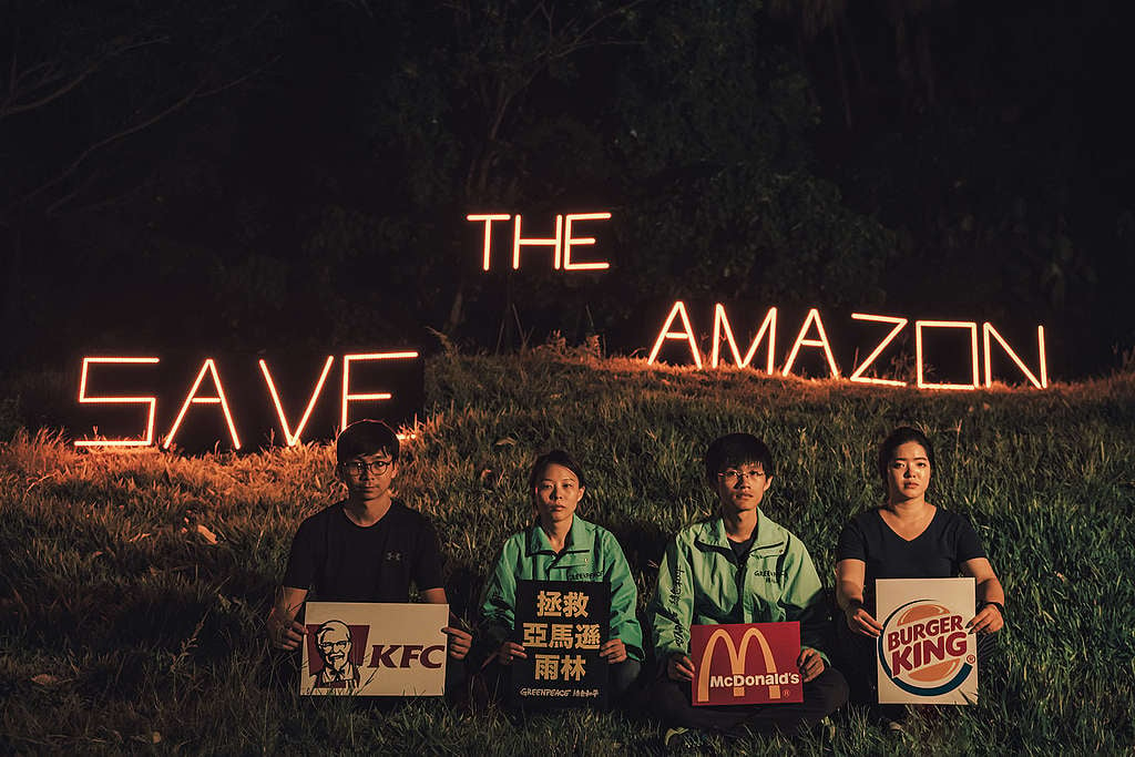 9月11日晚間，綠色和平臺灣辦公室行動者展示「Save The Amazon」（拯救亞馬遜）的LED裝置，希望喚起民眾對巴西亞馬遜雨林進一步關注。
