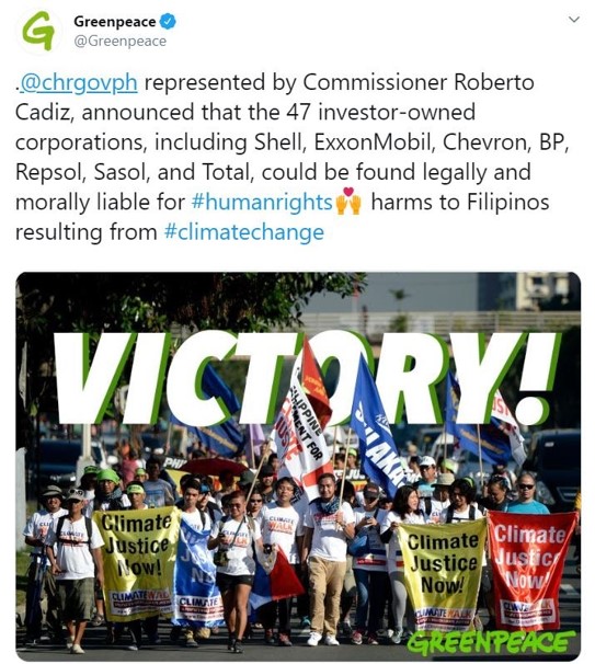 2019年12月10日，綠色和平於官方twitter發文，表示為此氣候正義的勝利喝采。